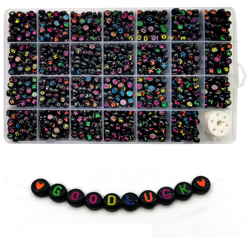Looconi Amaney 1400 Pieces Round Alphabet Letter Beads A-Z 4x7mm Black Acrylic with Colorful Letter and Crystal Line for Jewelry Making - Image 1